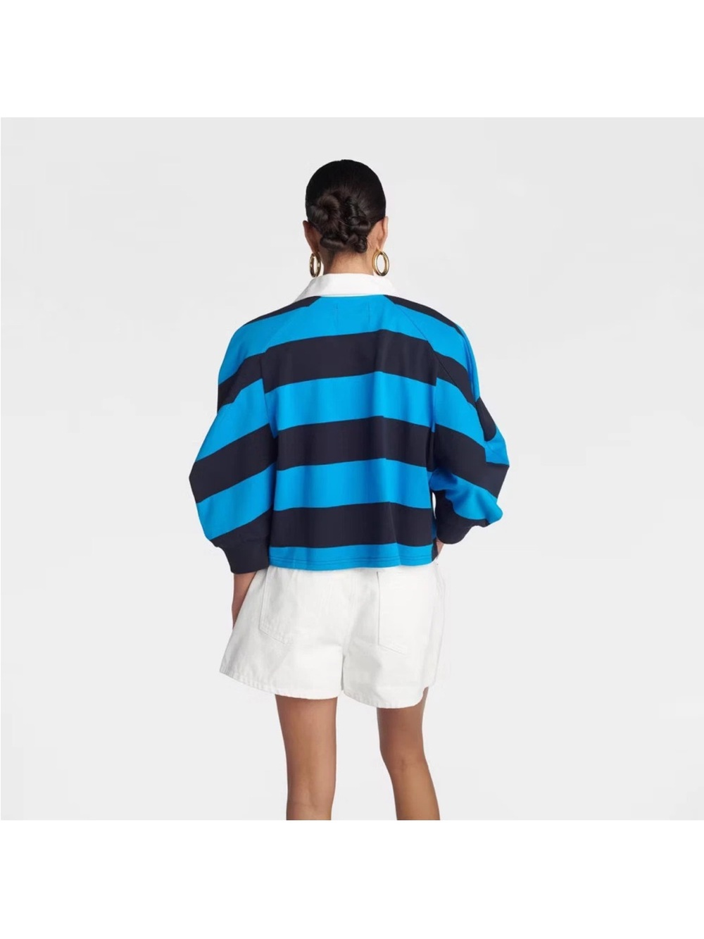 KBB by Kahlana Striped Crewneck Rugby Blue Stripe Polo Style Puff Sleeve - Picture 2 of 2